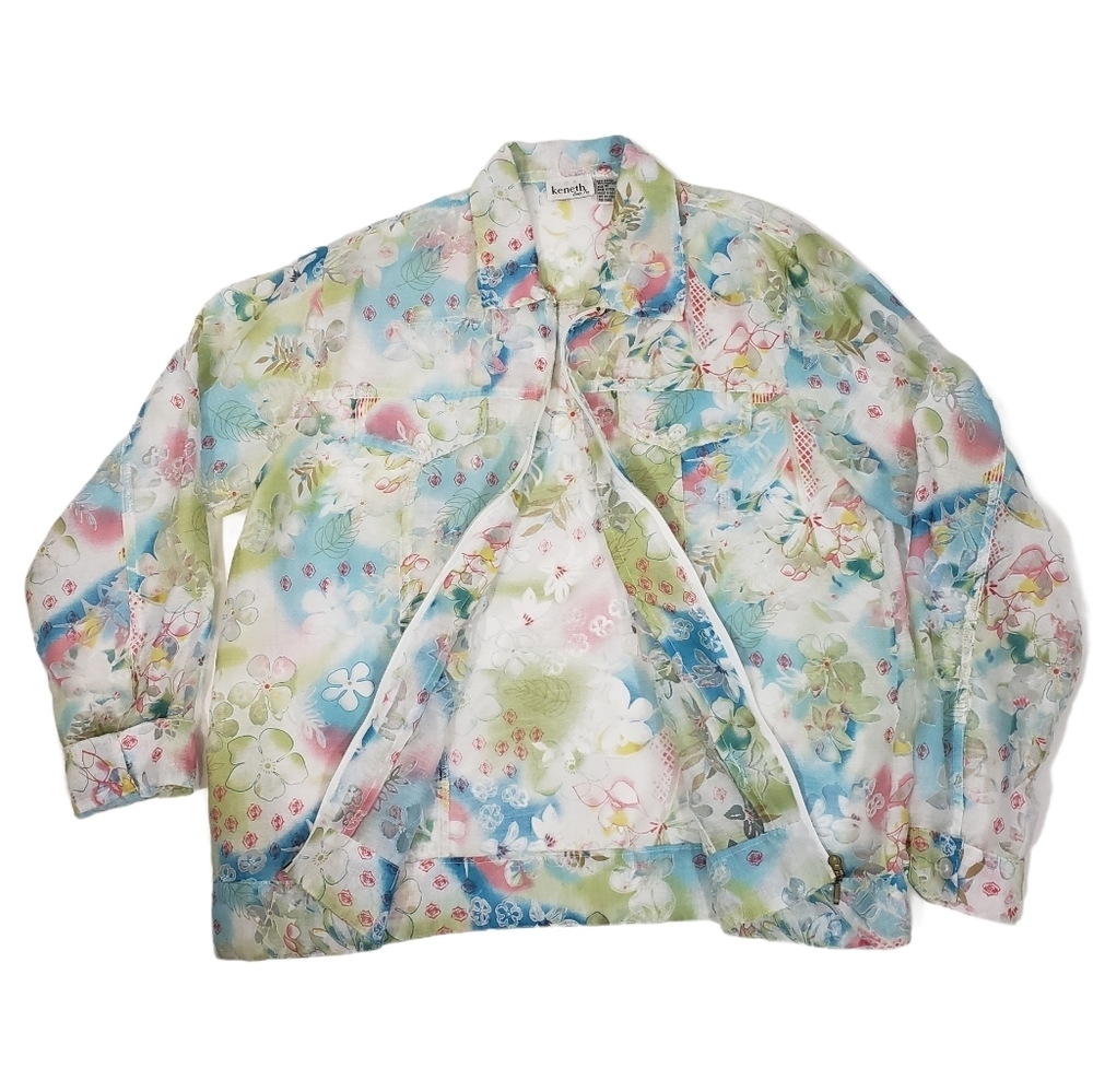 Pastel Floral Print Sheer Shacket Sz M Fairy Y2K Full Zip Cover Up Shirt Jacket
